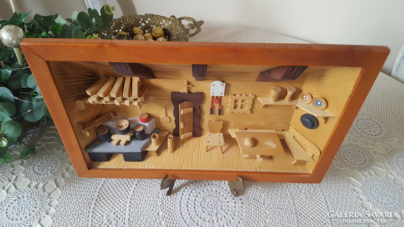 Old rural wooden house kitchen, diorama picture