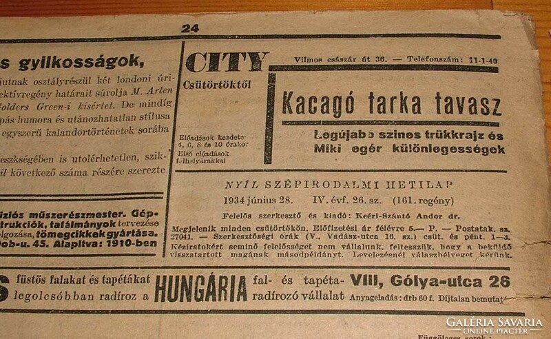 Nyíl fiction weekly 1934 June 28. Classic novel newspaper novel newspaper