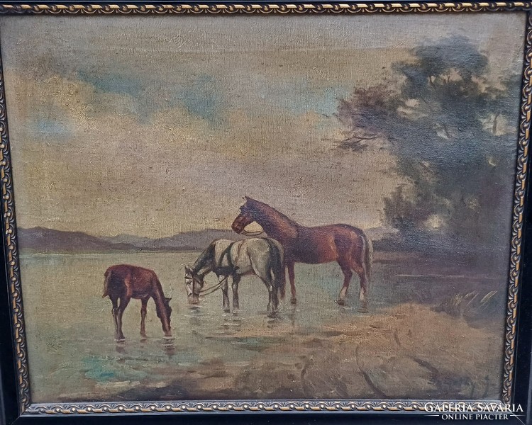 Antique equestrian painting in a river is a cozy oil-on-canvas painting