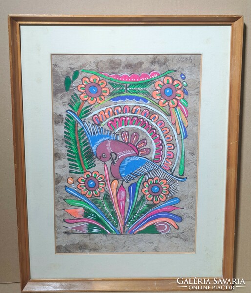 Mexikói népművészeti festmény különleges papíron 2. - madár, növény, népi ábrázolás