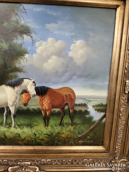 Horses on the river bank oil painting
