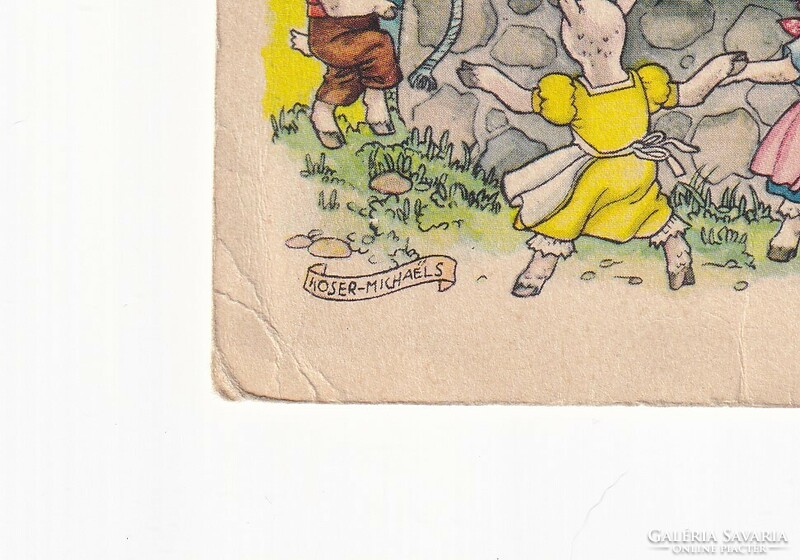 M:03 greeting antique postcard story-advertisement, postal clean (the wolf and the seven goat kids)