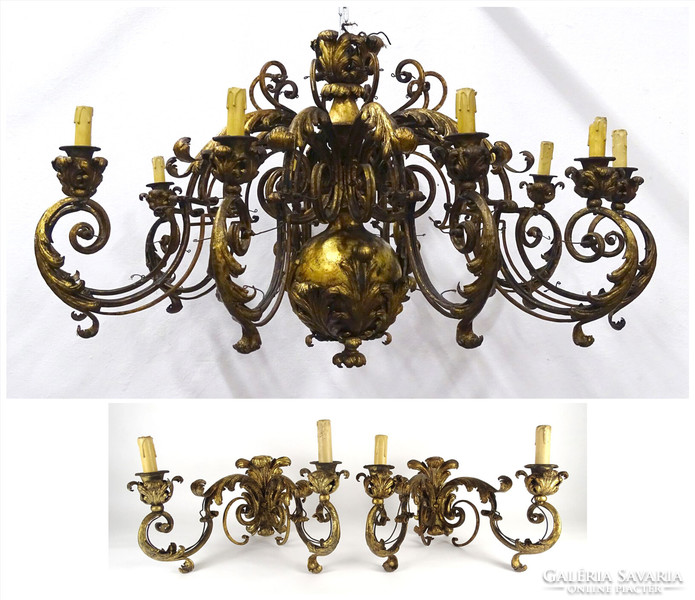 1K380 Antique 10 Arm Fire Gilt Capital Size Castle Chandelier with Wall Arms