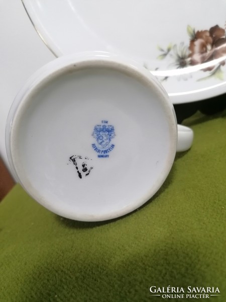 Ritkább Alföldi porcelán retro barna rózsás nagy lapos tányér + bögre