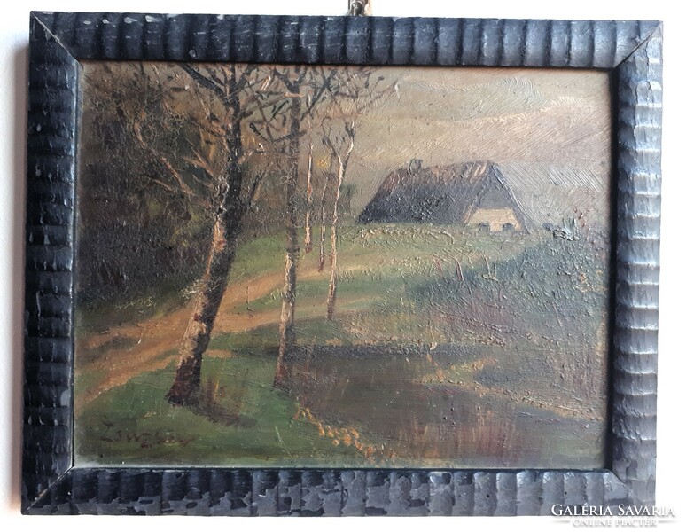 Small house on the edge of the forest, signed oil painting