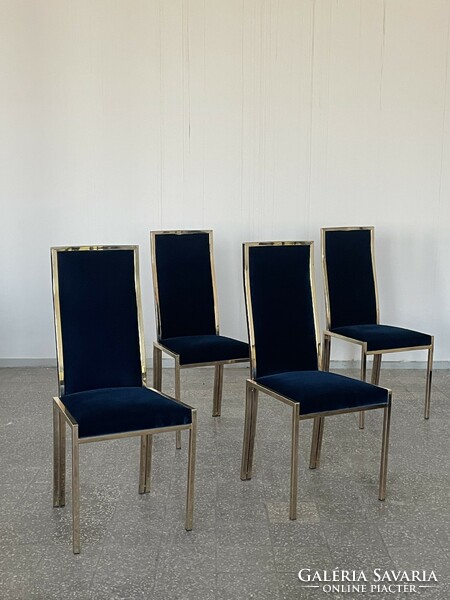 Set of 4 blue velvet dining chairs, Italy, 1970