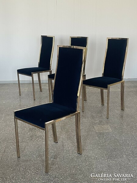 Set of 4 blue velvet dining chairs, Italy, 1970