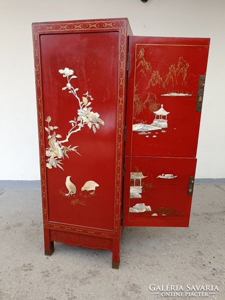Antik kínai bútor pagoda madár növény gyöngyház berakásos vörös lakk szekrény 750 8369
