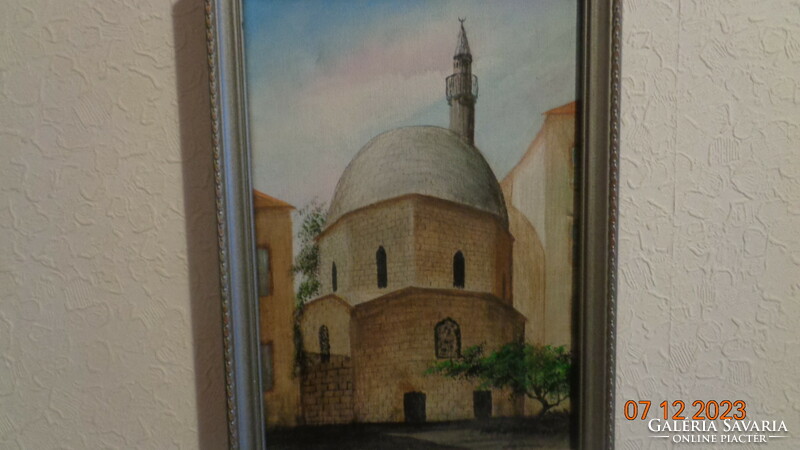 Pécs, mosque with minaret, painting, oil on canvas