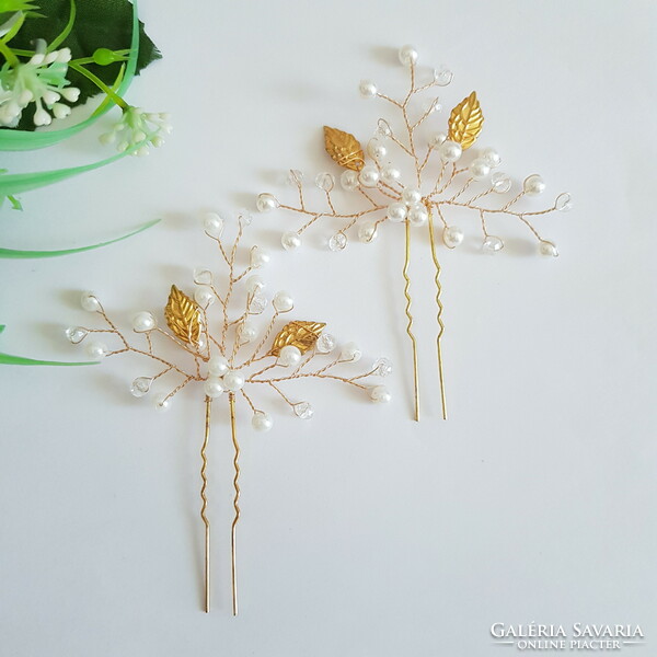 New, 2 gold-colored leaves, beaded hairpins, wire hair ornaments - Class 2