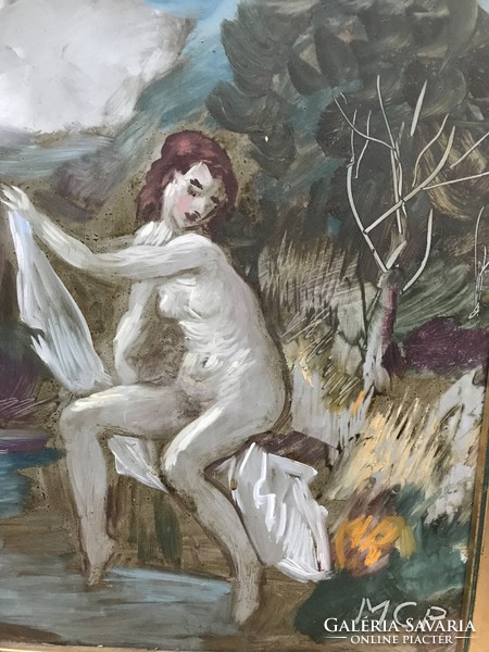 Molnár c. Pál: waterside nude covered with oil, wood fiber