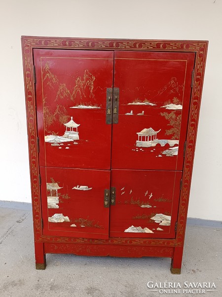 Antique Chinese furniture pagoda bird plant mother of pearl inlaid red lacquer cabinet 750 8369