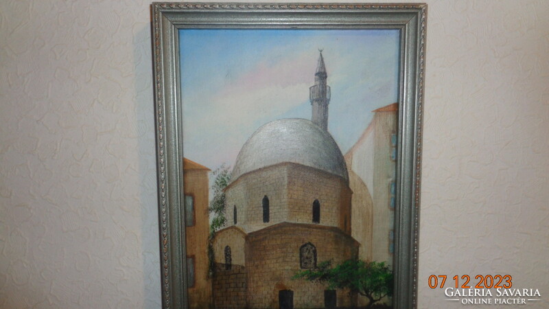 Pécs, mosque with minaret, painting, oil on canvas