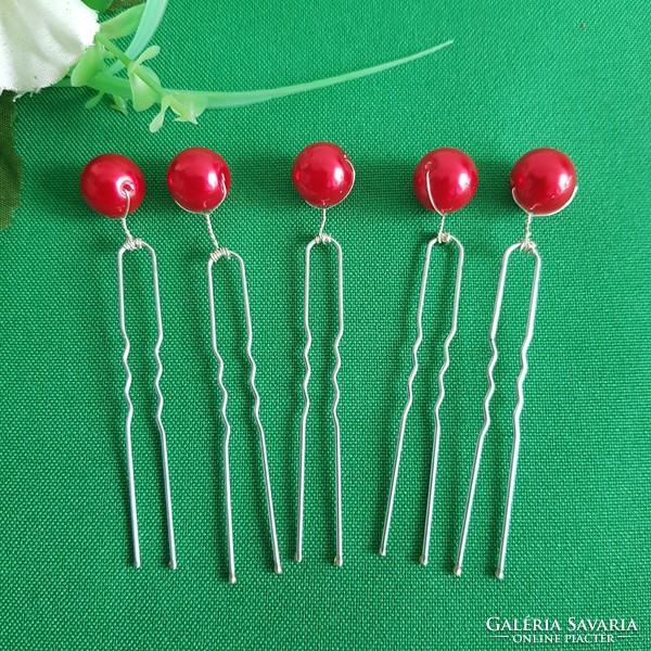 New, custom-made, red pearl bridal hairpin, wire hair ornament
