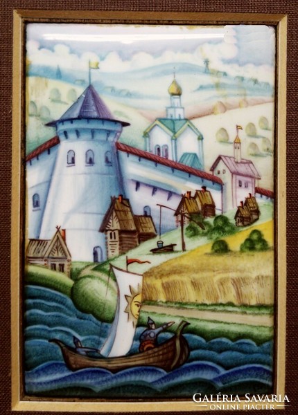 Fire enamel miniature painting, Russian landscape village end with fortification and sailing