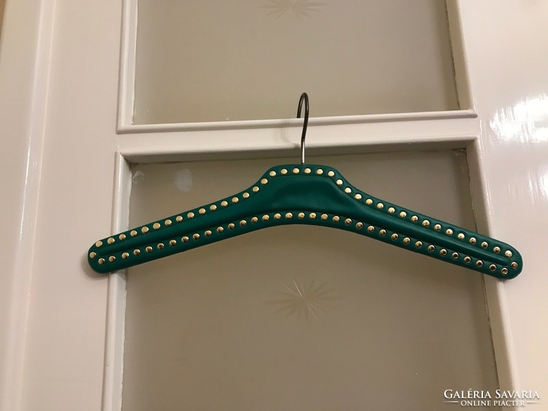 Retro clothes hanger, shoulder wood leather, nailed. Dark green color. Size: 43x7 cm