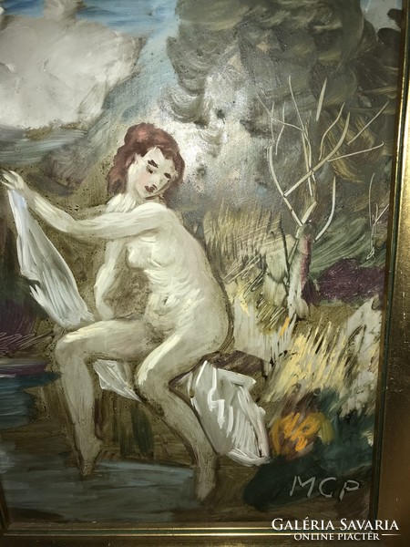 Molnár c. Pál: waterside nude covered with oil, wood fiber