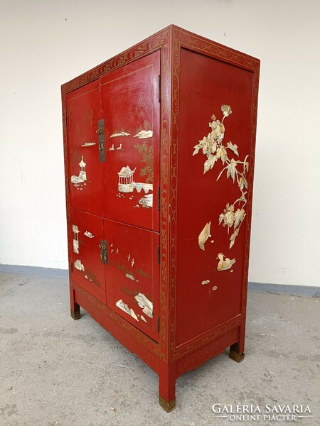 Antique Chinese furniture pagoda bird plant mother of pearl inlaid red lacquer cabinet 750 8369