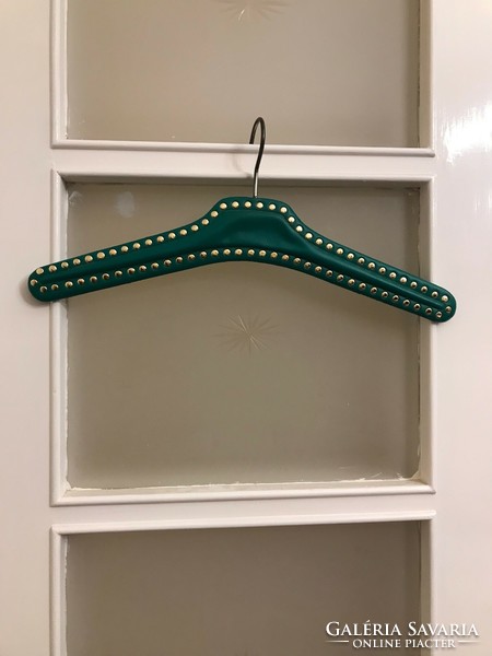 Retro clothes hanger, shoulder wood leather, nailed. Dark green color. Size: 43x7 cm