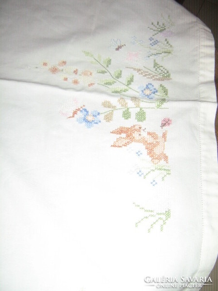 Wonderful embroidered tiny cross-eyed Easter bunny needlework tablecloth