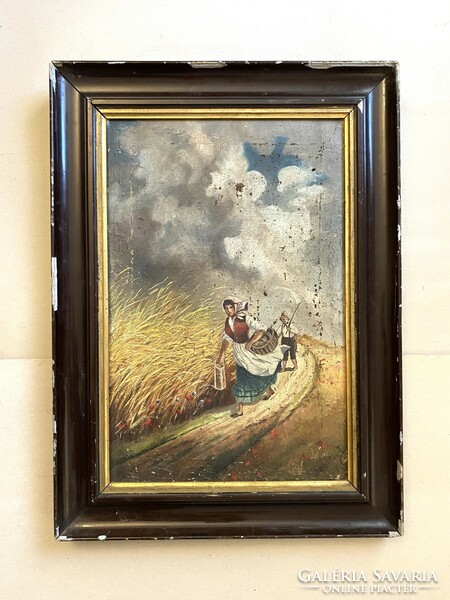 Szanter j. Before the storm next to the wheat field, antique oil canvas painting in a black wooden frame
