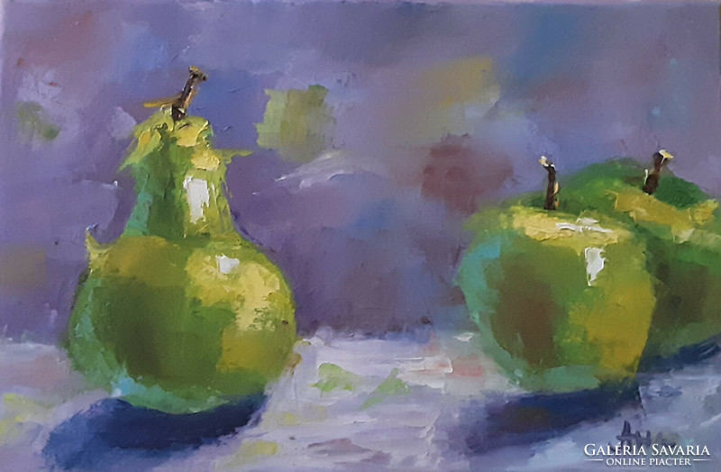 Galina Antiipina: pear and apple, oil painting, canvas, painter's knife, 20x30cm