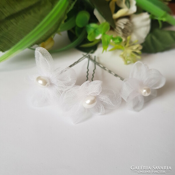 New, custom-made, beaded, white tulle flower hairpin, hair ornament