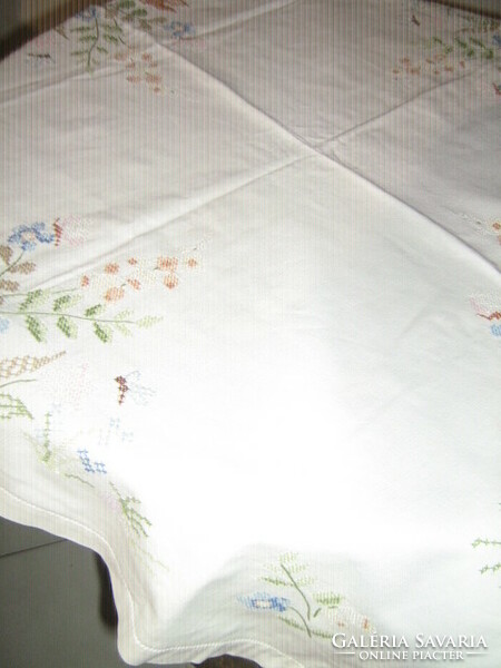 Wonderful embroidered tiny cross-eyed Easter bunny needlework tablecloth