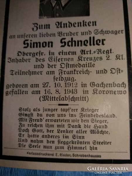 Antik 1942. keleti front Simon Scneller Wermacht német tizedes halotti értesítője a család részére