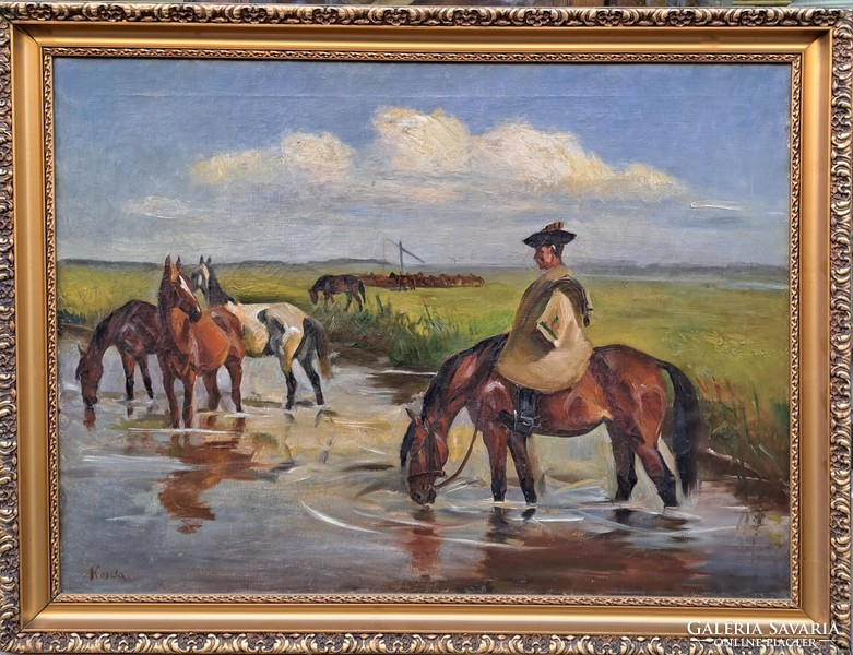 Korda Béla (1899-1972) : Itatás, 75x100 cm.
