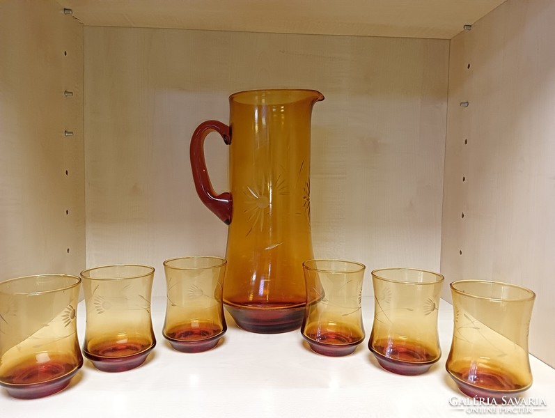 Old engraved amber glasses plus jug