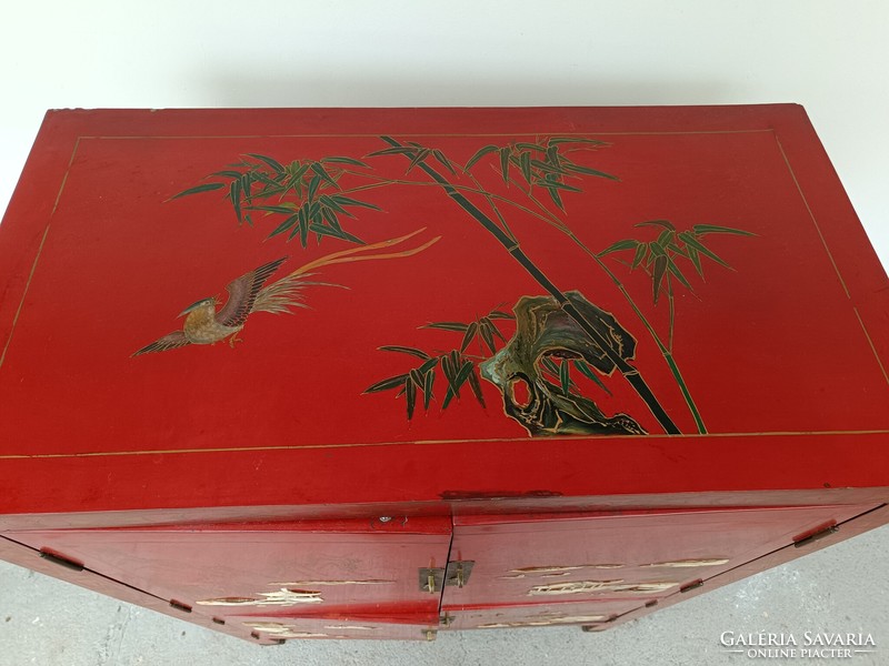 Antique Chinese furniture pagoda bird plant mother of pearl inlaid red lacquer cabinet 750 8369