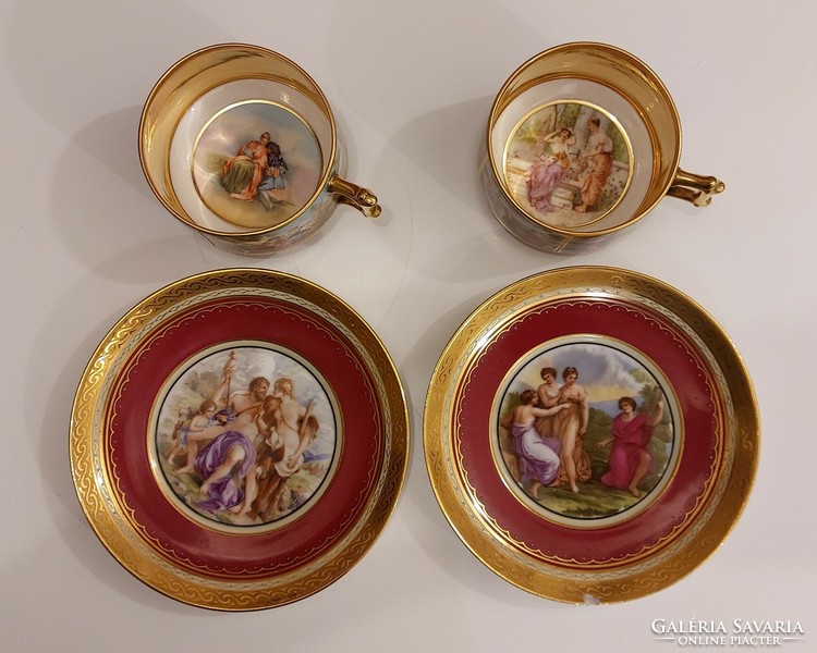 Romantikus jelenetes Altwien, antik életképes porcelán teáscsészék