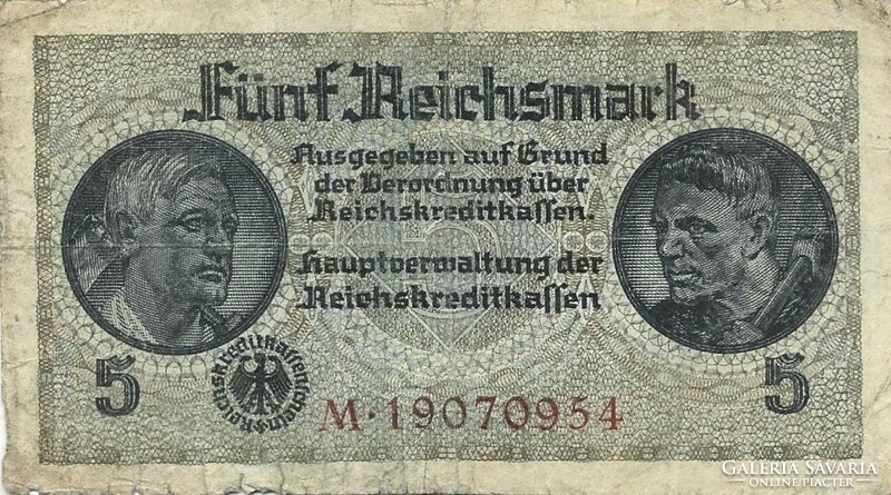 5 reichsmark horogkeresztes 1939-45 Németország 8 jegyű sorszám