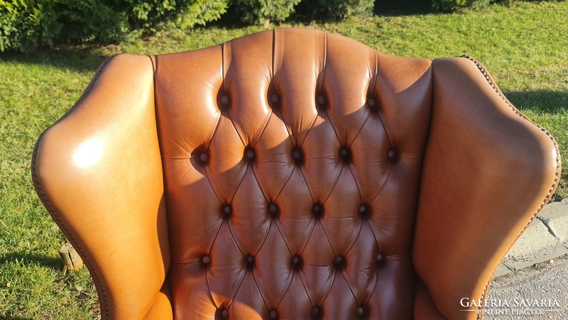 A798 original English chesterfield leather armchairs with ears