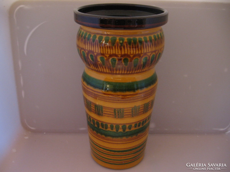 Retro yellow, brown, green vase with l marking