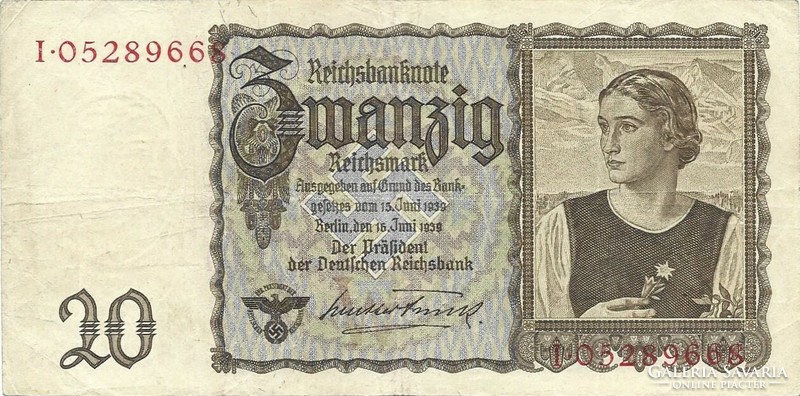 20 reichsmark horogkeresztes 1939 Németország 1.