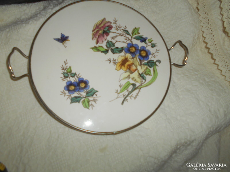 Szecessziós porcelánfajansz  tálca, pillangó, virágzó ágak közt - 1800-as évek vége