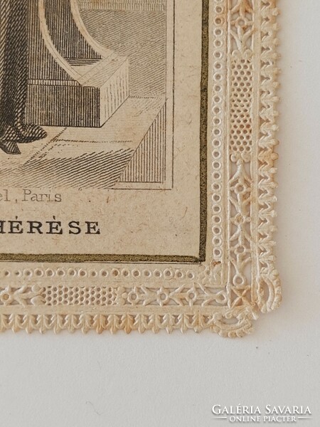 Old mini holy image of St. Theresa prayer sheet with lace edges