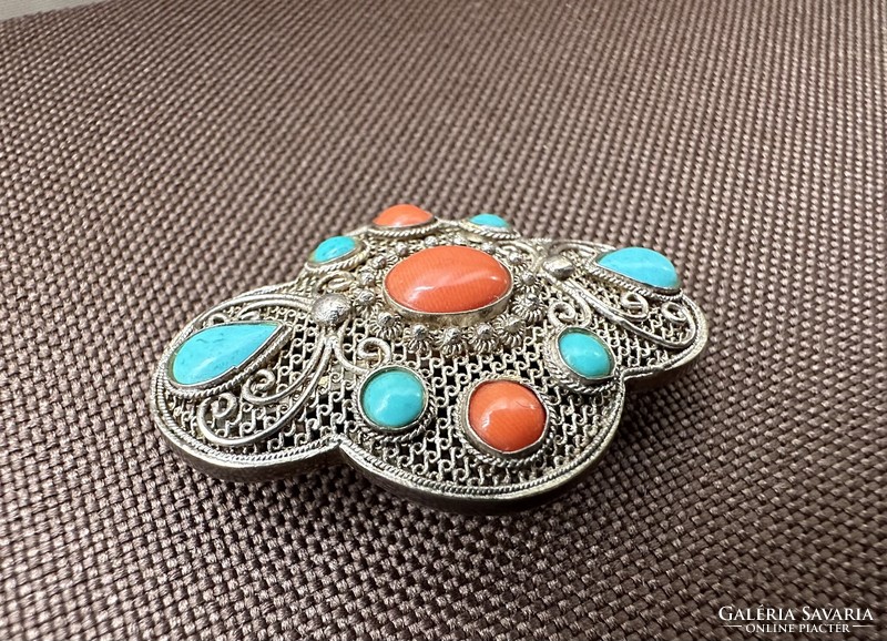 Chinese export, silver filigree brooch, decorated with turquoise and red coral