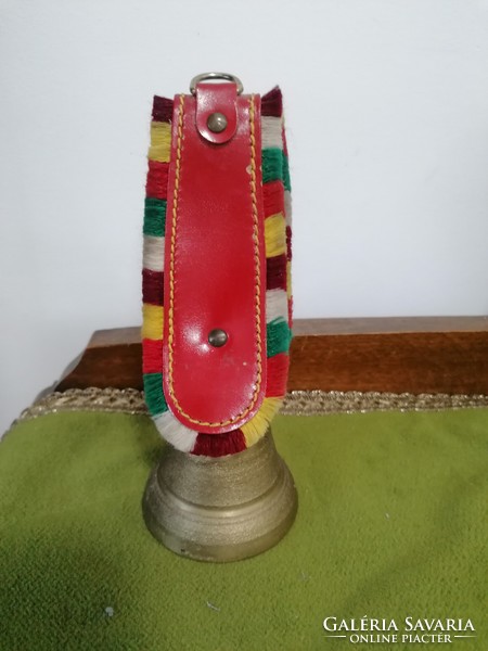 Copper bell with leather strap, cattle and shepherd decoration