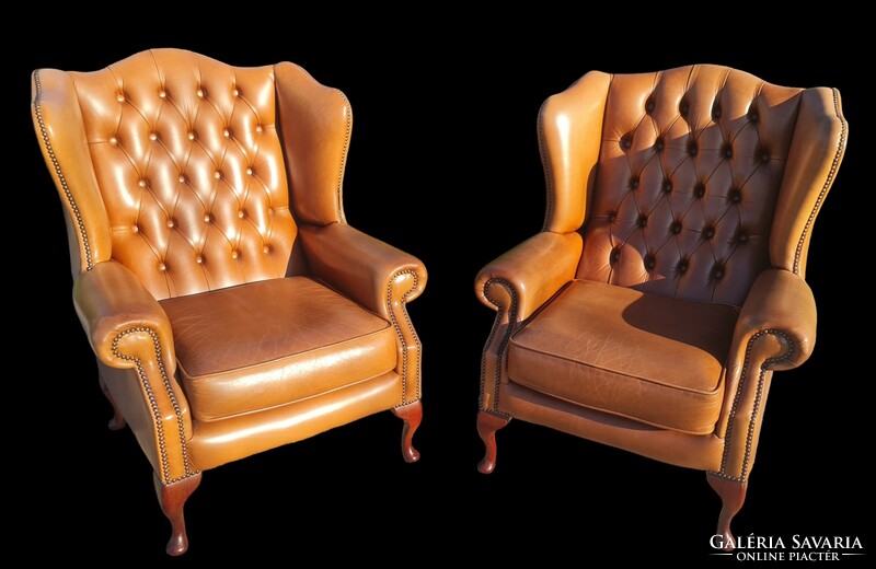 A798 original English chesterfield leather armchairs with ears