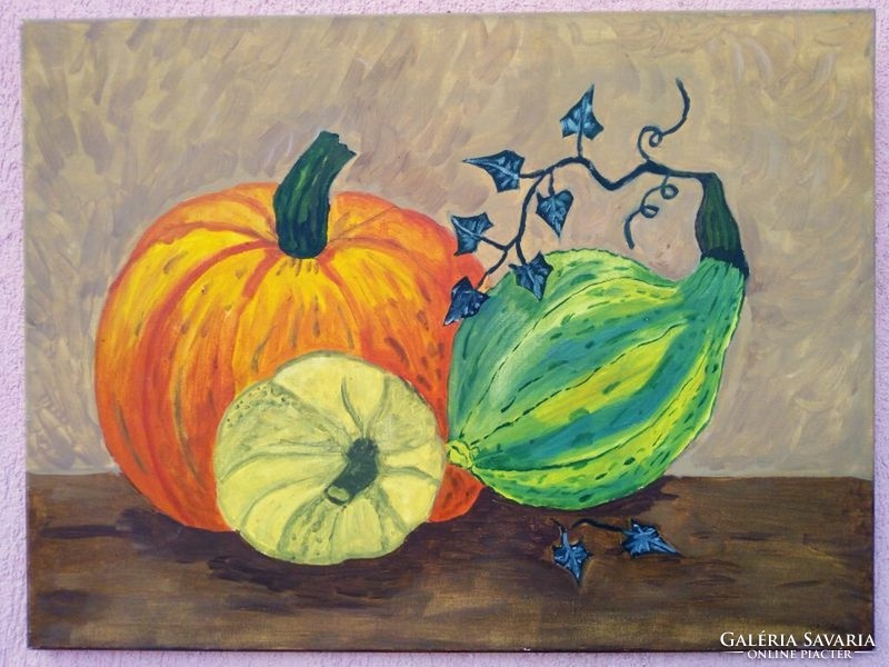 Still life with pumpkins. Signed modern painting ch saal switzerland