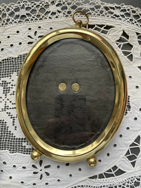 Antique, small-sized, copper-framed oval photo holder frame, with polished edged glass plate, with hanger