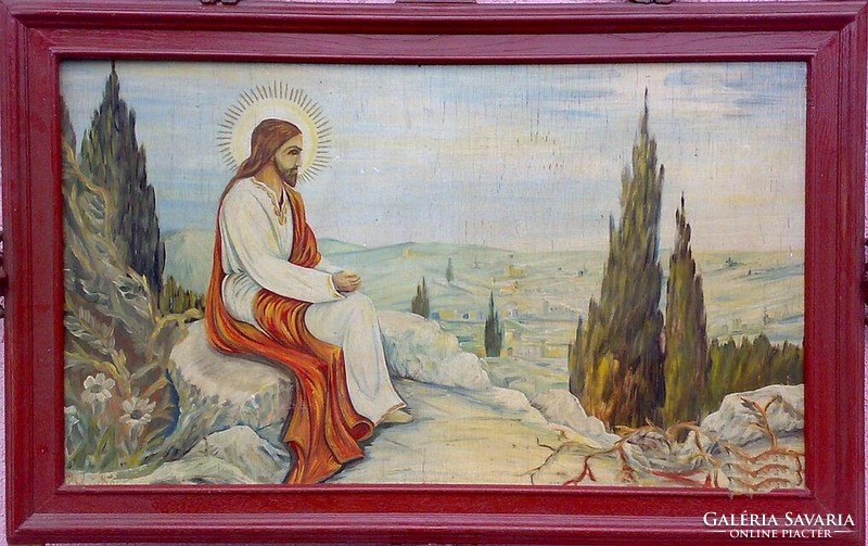 Jesus on the Mount of Olives with oil painting sign on veneer board