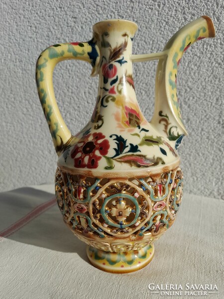 Antique Zsolnay double-walled jug, 21 cm high, Persian decor