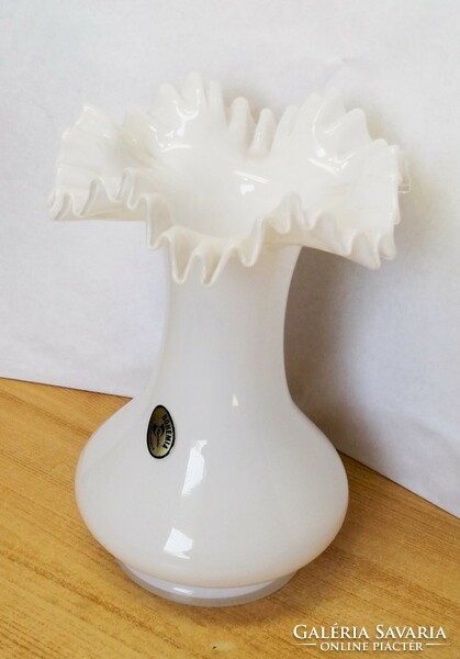 Milk glass biedermeier bohemian vase with ruffled rim 1960s Czech Republic
