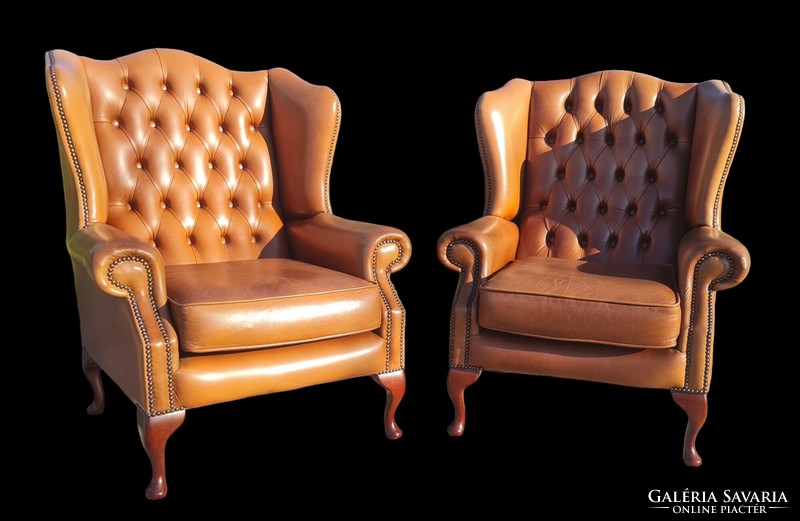 A798 original English chesterfield leather armchairs with ears