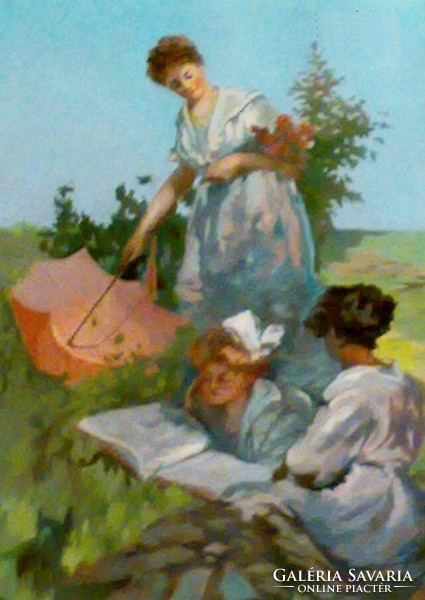 Reading on the meadow, impressionist painting, work of painter Károly bokor