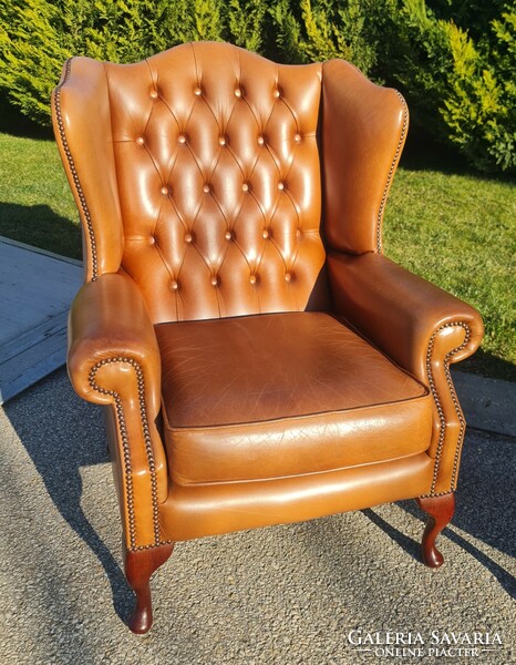 A798 original English chesterfield leather armchairs with ears